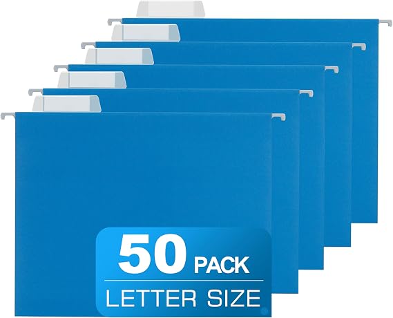 Blue Hanging File Folders,50 Packs Reinforced Hanging Folders,Designed for Bulky Files,Filing Cabinet,1/5 Adjustable Tabs for Office,School,Home