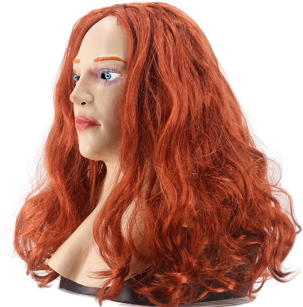 Female Latex Mask Realistic Woman Face Sissy Mask Lady ScarletEyesRedhair Lady Halloween Costume Fancy Dress Props