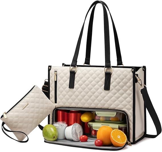 LOVEVOOK Lunch Tote Bag for Women, 15.6 Inch Laptop Bag with Insulated Lunch Compartment, Quilted Large Capacity Computer Handbag with Purse for Business, Work, Collage, Office, Casual, Beige-black