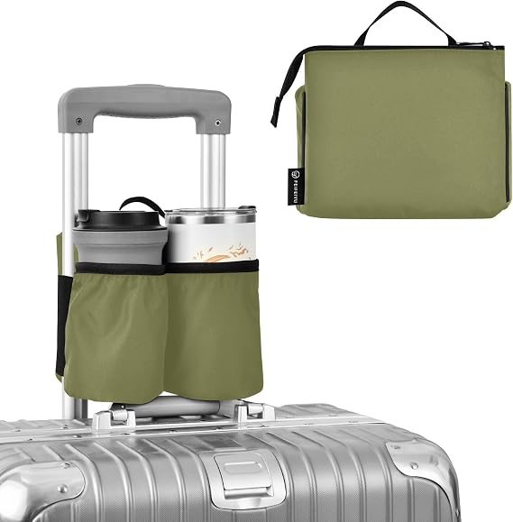 DOMIKING Olive Green Travel Luggage Cup Holder for Suitcase Free Hands Travel Drink Bag for Beverages Bottles