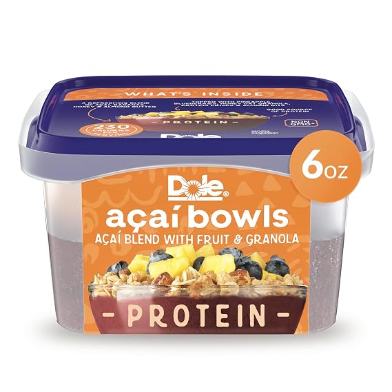 Dole Frozen Protein Acai Bowl, Topped with Pineapples, Blueberries, Honey, Almonds and Granola, Delicious as a Frozen Snack or Dessert, 6 Oz Tub, Packaging May Vary