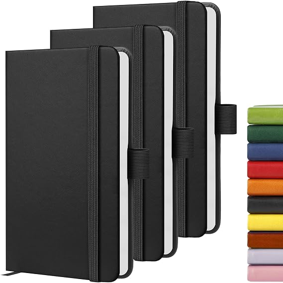 3 Pack A6 Notebook, Pocket Notebooks 160 Lined Pages Small Leather Journal Notebook Pocket Size for Women Men Work Office School, Hardback A6 Small Notepad with Pen Holder, 9.5 x 14.5cm-Black