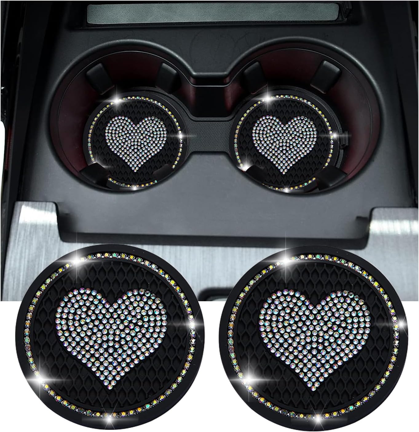 Kewucn 2 PCS Bling Car Cup Coaster, 2.75 Inch Heart Rhinestone Holder Insert Coaster, Anti-Slip Waterproof Crystal Auto Cup Mat, Universal Vehicle Accessories for Women Girls Black & AB