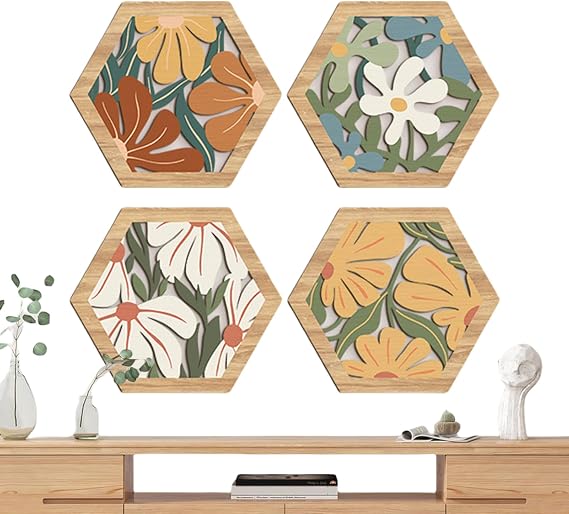 Wood Wall Decor, Bohemian Wood Wall Decor | Set of 4 Geometric Flower Pattern Décor for Farmhouse Living Room Entrance Bedroom