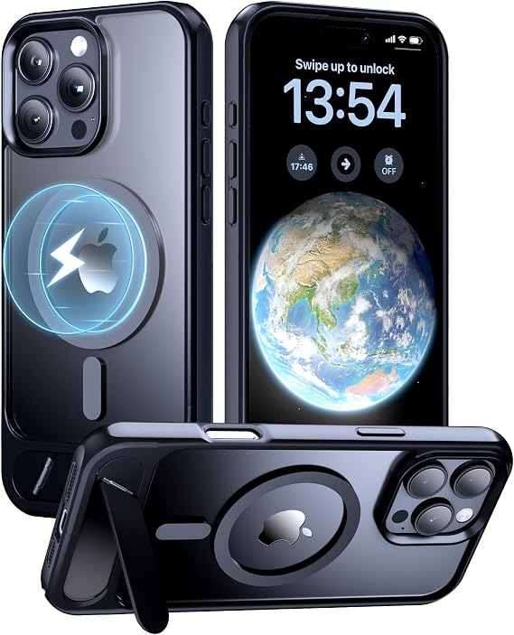Strong Magnetic Case for iPhone 16 Pro Max, Built-in Invisible Kickstand, MagSafe Compatible, Military Grade Drop Protection, Adjustable Kickstand Phone Case, Slim Translucent Matte Black
