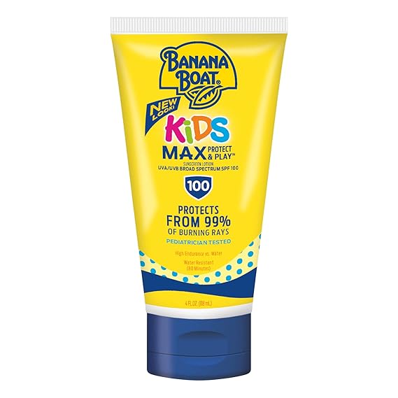 Banana Boat Kids Max Protect & Play Lotion Sunscreen SPF 100, 4oz | Childrens Sunscreen, Kids Sunblock Spray, High SPF, Water Resistant, 4oz