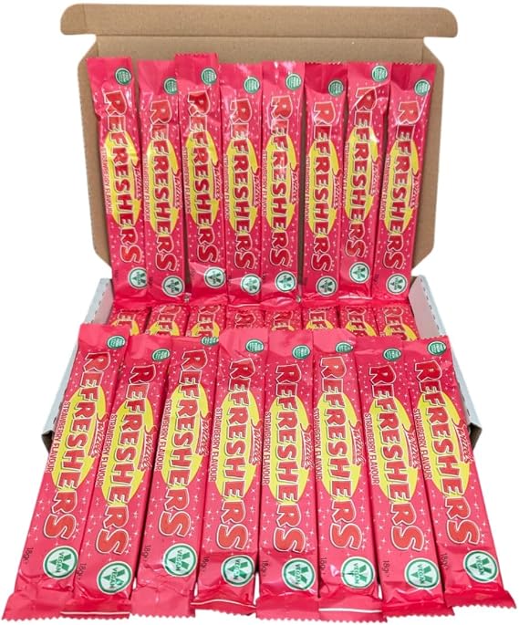 Refreshers Strawberry Chew Bars 24 Pack Box of Classic Retro Sweets Fizzy Sherbet-Filled Strawberry Flavour Chewy Bars Nostalgic Candy Treat, Vegetarian-Friendly, For Gifting, Sharing & Parties