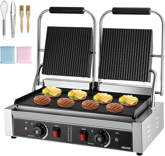 VEVOR Commercial Panini Grill, 3600W Electric Sandwich Panini Maker, Stainless Steel Double Sandwichs Press Grill with Handle and Temp Control, 19x9 in Flat Enamel Plate for Hamburger Steak Bacon