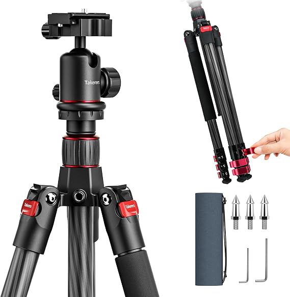 Takerers 62'' Carbon Fiber Tripod for Camera DSLRFast Flip BuckleProfessional Camera Tripod Stand for Photography Travel, with 1/4" Screw QR Plate, 360 Panorama Ballhead, Phone Clamp, Max Load 33lb