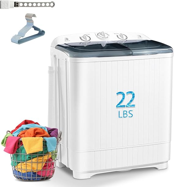 Portable Mini Twin Tub 22lbs Washing Machine with Spinner | 13lbs Washer & 9lbs Spinner with Drying Rack, 10 Hangers, Small Laundry Washer with Time Control for Camping, Apartments, RV