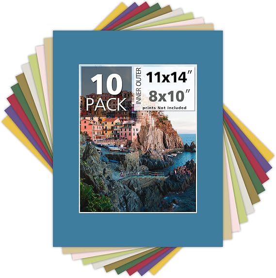 Mat Board Center 10 Pack, 11x14 Mixed Color Picture Mats for 8x10 Photos