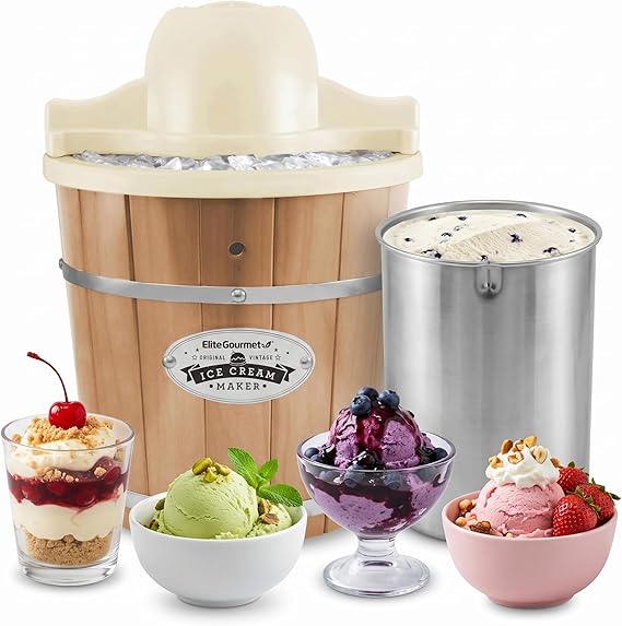 Elite Gourmet EIM-924L 4Qt Old Fashioned Wood Bucket Ice Cream Maker, Pine | Electric vintage Appalachian design with leak-proof liner - uses ice and rock salt to churn homemade ice cream in minutes