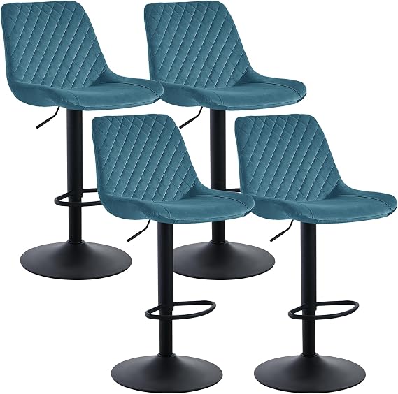 Velvet Teal Bar Stools Set of 4- Modern Swivel Height Adjustable Barstools with Black Metal, Armless Large Padded Cushion Breakfast Counter Chairs for Kitchen Island, Pub, Restaurant, Café