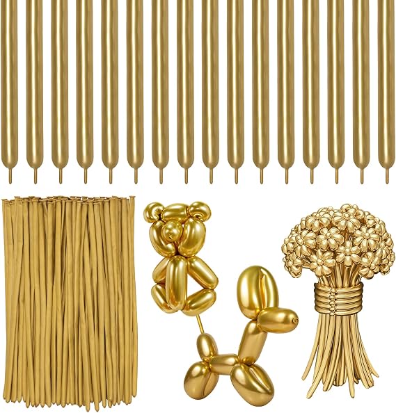 RUBFAC 260 Long Metallic Gold Twisting Balloons - 100pcs Magic Animal Balloons for Party, Carnivals, Birthday, Wedding Decorations