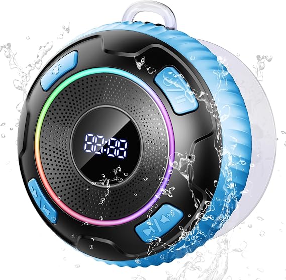 Hupoaf Bluetooth Shower Speaker, Wireless Bluetooth 5.3, HD Sound, Portable Speaker with Suction Cup/Hook, IPX7 Waterproof, with LED Light/Time Display, for Bathroom/Outdoor/Party/Beach/Kayak/Gift