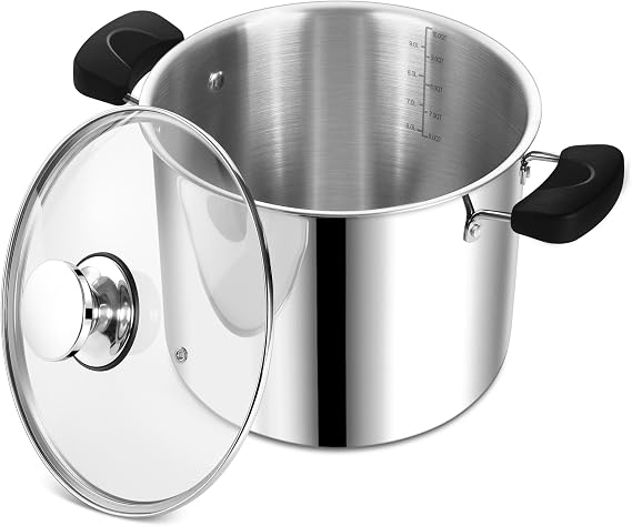 P&P CHEF 10 Qt Pot with Lid, Transparent Glass, Tri-ply Stainless Steel