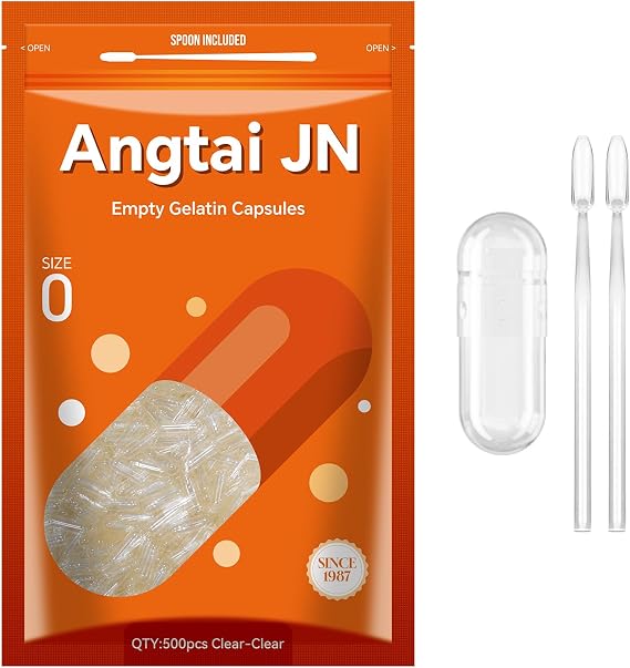 Size 0 Gelatin Capsules Empty Pill Gel Caps Pure Bovine Clear (500 Count) Gluten Free, Non-GMO, Halal Certified Filling Kit with 2 Spoons for DIY Your Own Supplements