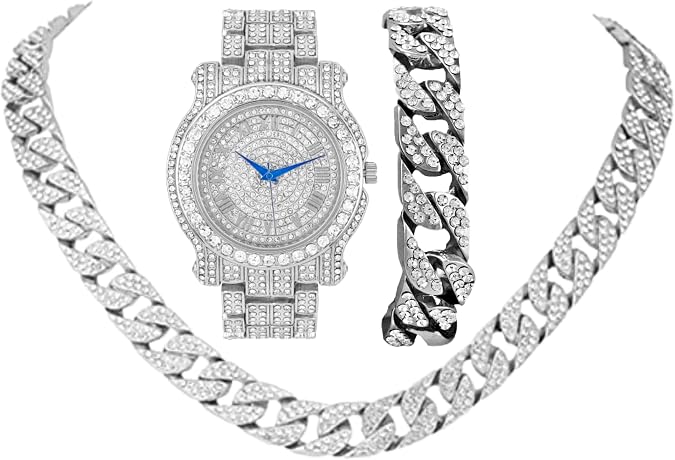 Charles Raymond Ice on Blast! Bling'ed Out Hip Hop Rolly Looks w/Ice on Watch & Jewelry -Your Choice of Matching Zig Zag Bling'ed Out Necklace Set or Necklace & Bracelet Set - ZZ Sets