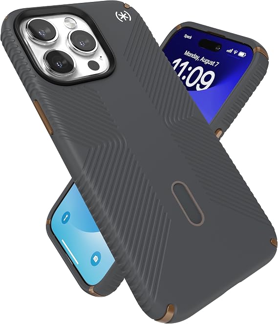 Speck iPhone 15 Pro Max Case - ClickLock No-Slip Interlock, Built for MagSafe, Drop Protection Grip - Soft Touch 6.7 Inch Phone Case - Presidio2 Grip Charcoal Grey/Cool Bronze/White