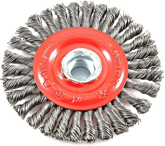 Forney 72760 Wire Wheel Brush, Stringer Bead Twist with 5/8-Inch-11 Threaded Arbor, 4-Inch-by-.020-Inch