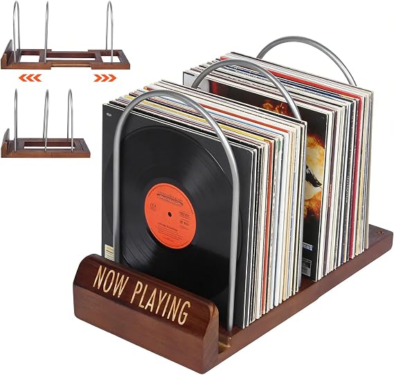 Vinyl Record Storage Stand, Expandable Vinyl Stand for 30-70 LPs, Now Playing Records Holder, Adjustable Vinyl Display Rack, Wood Record Holder for Albums, CDs, Magazines