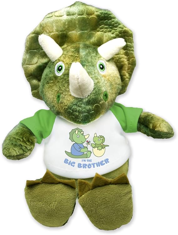 Flutter Hut I'm The Big Brother Green Triceratops Plush Dinosaur Message T-Shirt 8 Inches