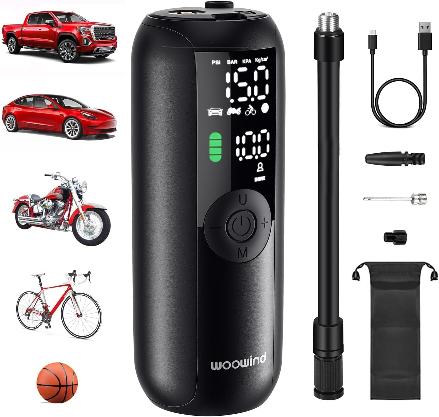 Woowind Bicycle Air Pump, Electric Air Pump for Bike and Car, Air Compressor with Large Capacity Battery, Max Pressure 150 PSI, Compatible with American, English, and French-Style Bulbs, SOSLED