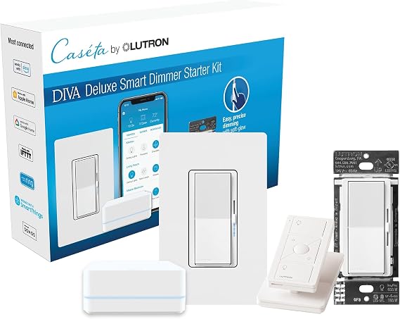 Lutron Deluxe Diva Smart Dimmer Kit for Caseta Lighting w/ Hub and Pico Remote, and Pedestal, 1 Wallplate, Smart Dimmer Works with Apple Home, Ring, Google Home, 3 Way