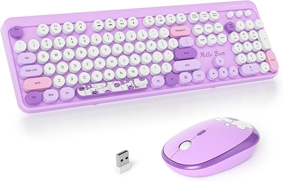 Wireless Typewriter Keyboard and Mouse Combo Retro 104 Key Full Size Office Set Purple Keyboard with Silent Round Keycaps, Ideal for Laptop and Desktop PCs, Cute Design Keyboard (Purple)