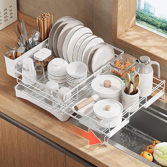 Dish Drying Rack Expandable Dish drainers for Kitchen Counte(White)