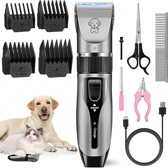 Dog Grooming Clippers Kit, Upgraded Cordless Professional Pet Clippers, Low Noise Dog Trimmer with Ceramic Blades, 7200 RPM Pet Shaver for Dogs Cats with 4 Guide Combs and Nail Kit