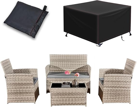 4 Piece Rattan Garden Furniture Sets with Cover,Patio Conservatory Set, Include Rattan Loveset Sofa, Chair, Glass Coffee Table,Waterproof Furniture Cover
