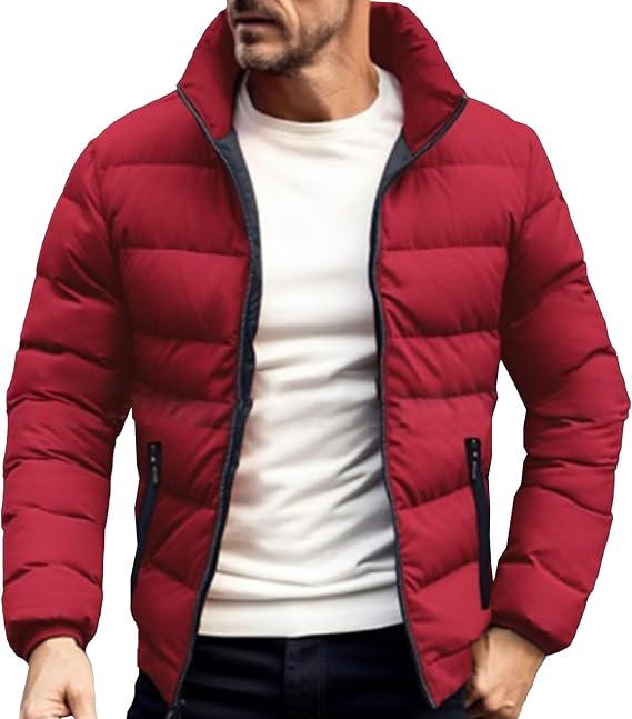 Mens Warm Quilted Padded Puffer Coat Lightweight Thicken Plush Outerwear Winter Filled Outwear With Pockets (Red,6X-Large)