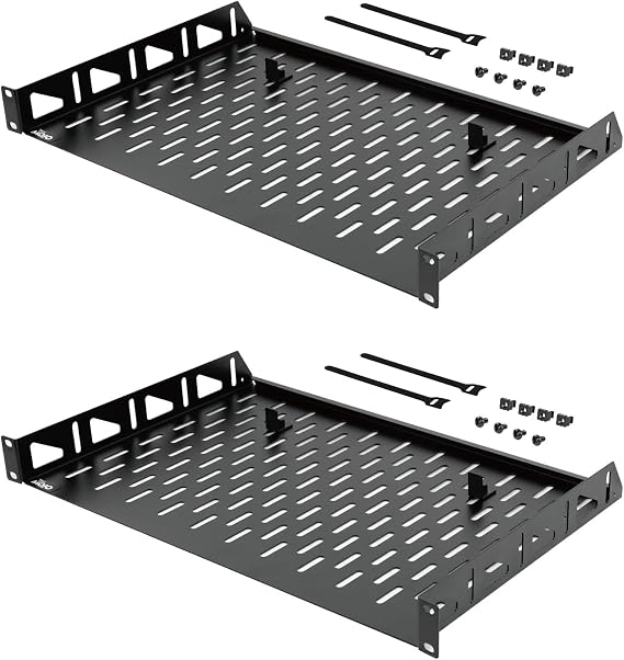 Tecmojo 1U 2Pack Cantilever Shelf, 304.8mm Depth, 19inch Rack Mount with Anti-Slip Stops, Server and Network Rack Shelf, 55lbs(25kg) Capacity, Vented 1U, Black