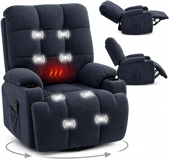 FLEXISPOT Recliner Chair Swivel Rocking Chair with Massage & Heat, Electric Recliner Armchair for Elderly, 270° Swivel Sofa with Oversized Padded Seat, USB Charging, Side Pockets,XR7 CURVE(Dark Blue)
