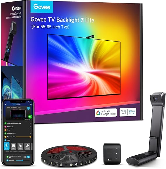 Govee TV Backlight 3 Lite with Fish-Eye Correction Function | 3.6m RGBICW Wi-Fi TV LED Backlight for 55-65 Inch TVs with Camera, 4 Colours in 1 Lamp Bead, Voice and APP Control, Adapter