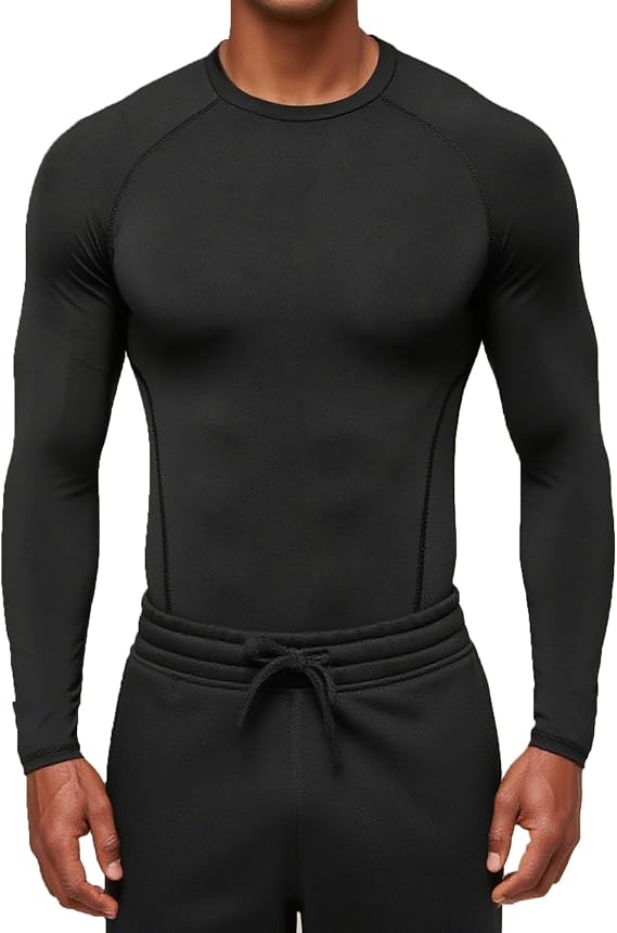 BOOJO Men's Long Sleeve Workout Compression Shirts Guard Base Layer Undershirt Black Sea