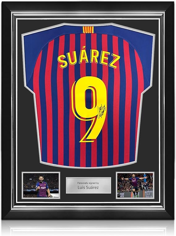 Luis Suarez Signed Original Barcelona 2018-19 Home Soccer Jersey (Fan Style Printing). Superior Frame