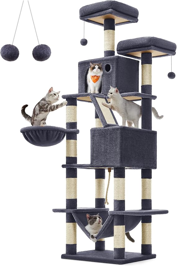 FEANDREA Cat Tree, Large Play Tower, Height 206 cm, 13 Scratch Boards, 1 Scratch Board, 2 Platforms, 2 Niches, Basket, Hammock, Pompon, Plush Fabric, Multi Level Dark Grey