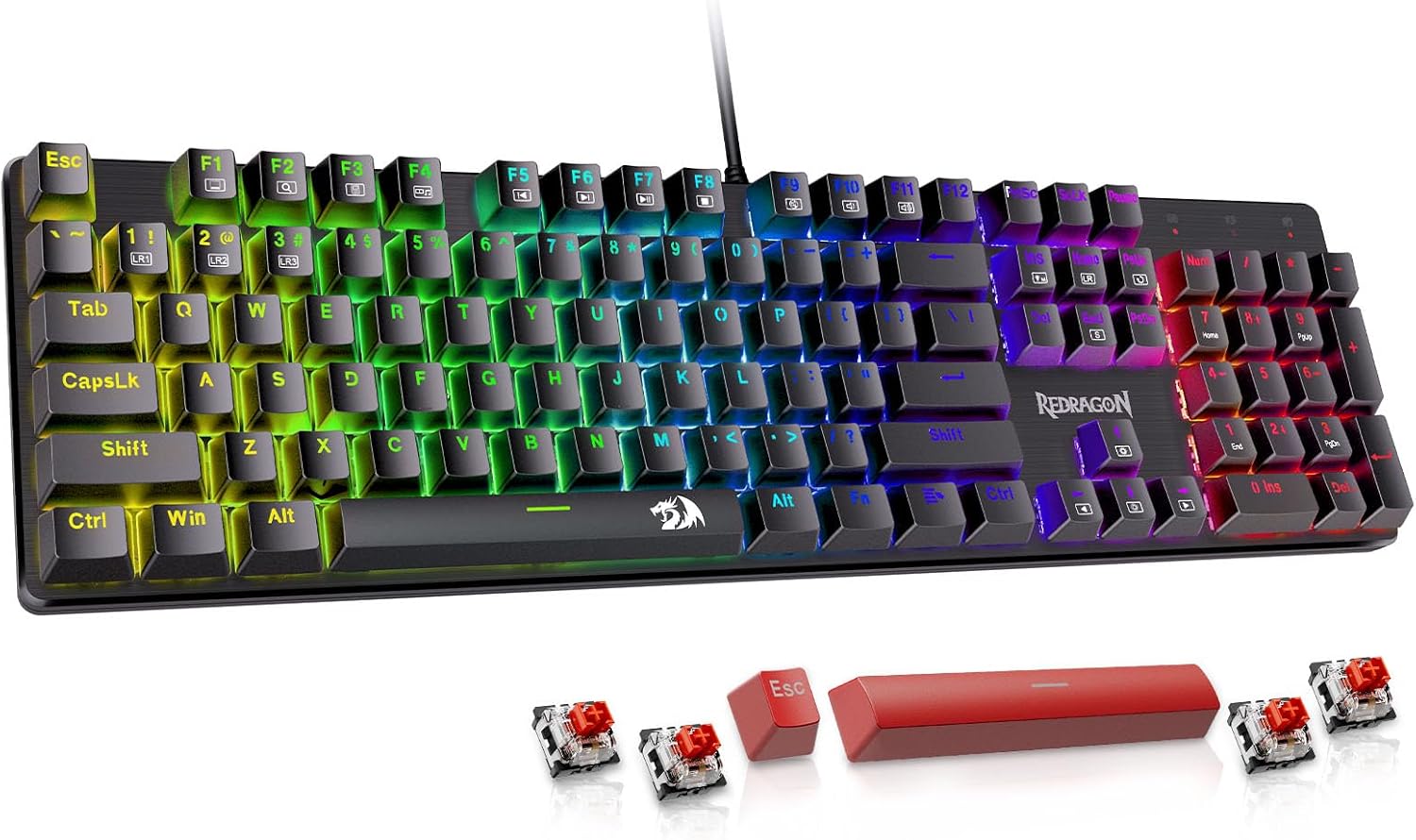 Redragon Mechanical Gaming Keyboard, Wired USB-A, 104 Keys, RGB LED Backlit, Hot-Swappable Red Switch, Anti-Ghosting, Double-Shot PBT Keycaps, PC Gaming Keyboard