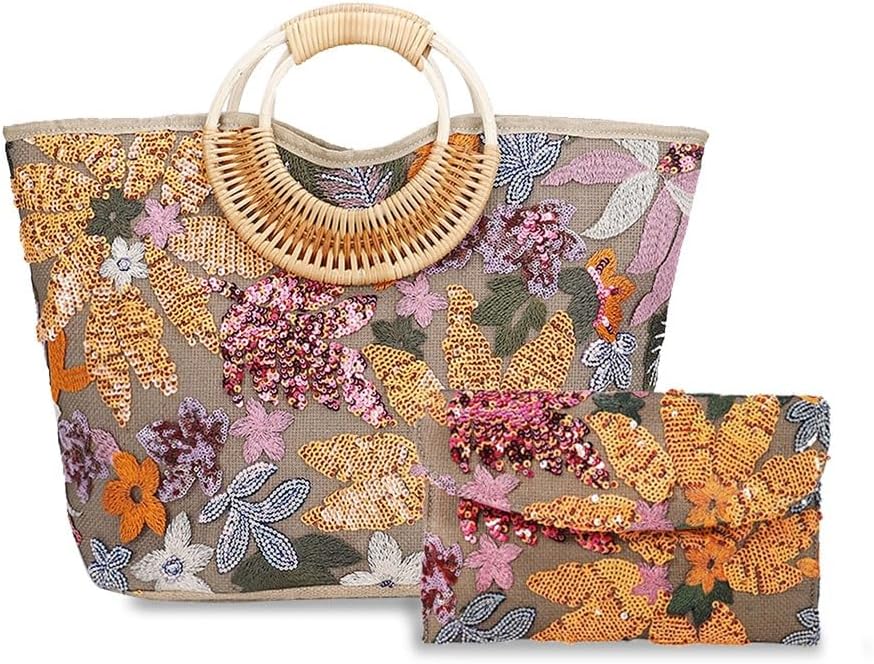 Floral Embroidery Sequi Canvas Handbag for Women, Top-Handle Bag+Evening Clutch Bags 2pcs Set