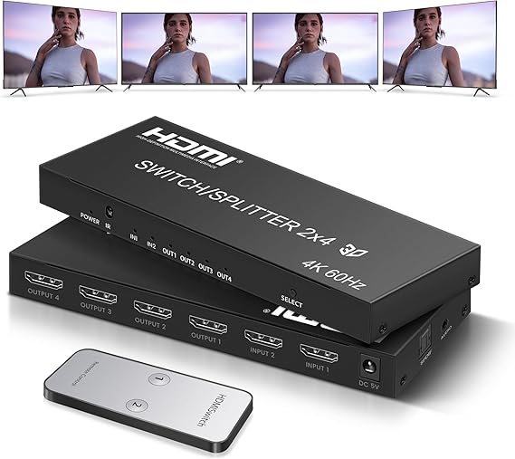 4K@60Hz HDMI Matrix Switch 2 in 4 Out with IR Remote, SPDIF & 3.5mm Audio