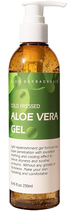 Aloe Vera Gel, Pure Organic for Sunburn Relief, Face & Hair Care 8,45 fl oz, Natural After Sun Moisturizer for Body & Acne Skin, DIY Soothing Hydrate Mask, Cold Pressed Xanthan Gum No Carbomer