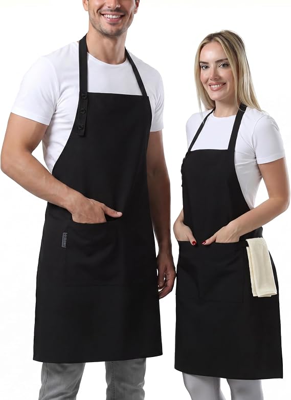 TOSHE Kitchen Apron for Women & Men Waterdrop Resistant, Adjustable Button | Premium Cotton Cooking Apron with 2 Pockets, Gift, 15 Color Option, 2 Pack Black