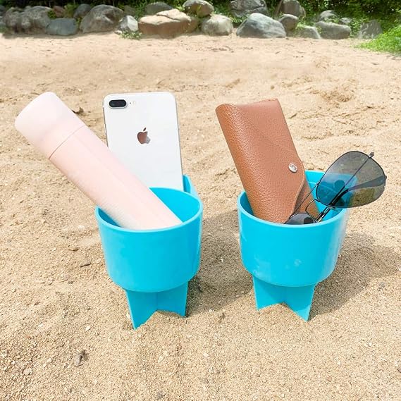 Home Queen Beach Cup Holder, Keep Drinks Stable and Out of Sand, Blue | Sand Drink Holder Sand Coasters with Phone Pocket, Beach Gift for Women Family Vocation Trip, 2 Pack