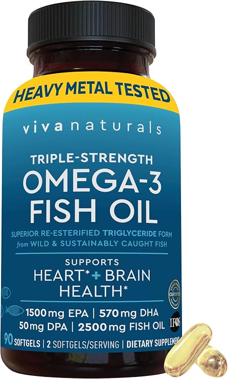 Viva Naturals Omega 3 Fish Oil Supplement for Women and Men - 2500 mg Triple Strength Fish Oil per Serving with Omega 3 Fatty Acids Including EPA, DHA DPA - 90 Pescatarian-Friendly Softgels