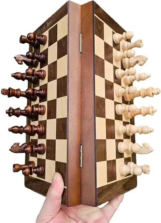 Magnetic Travel Wooden Chess Set,12-inch Chess Board,Folding Magnetic Chess Game Portable Chess Sets Includes 2 Extra Queens,Beginner Chess Set for Kids and Adults