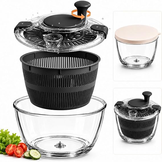 Large 5.2 Qt Glass Salad Spinner with Storage Lid Glass Bowl Black