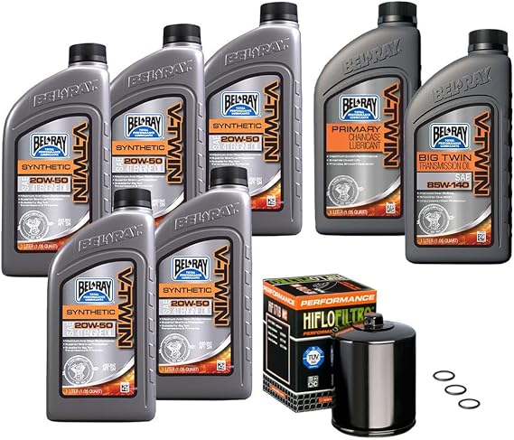 Bel-Ray Synthetic 3-Hole Complete Oil Change Kit Compatible with Harley-Davidson Big Twin and Sportster 1984-Up, 2017-Up Harley M8, Black Oil Filter
