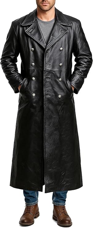 German Classic Officer WW2 Military Leather Trench Coat - Black German Duster Coat Men